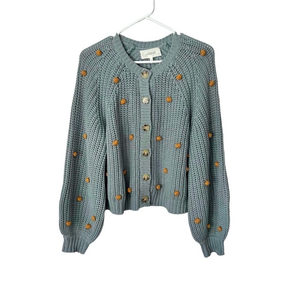 THE GREAT. The Bobble Sophomore Knit Cardigan in Dusty Blue/Honey Sz S - Picture 3 of 7